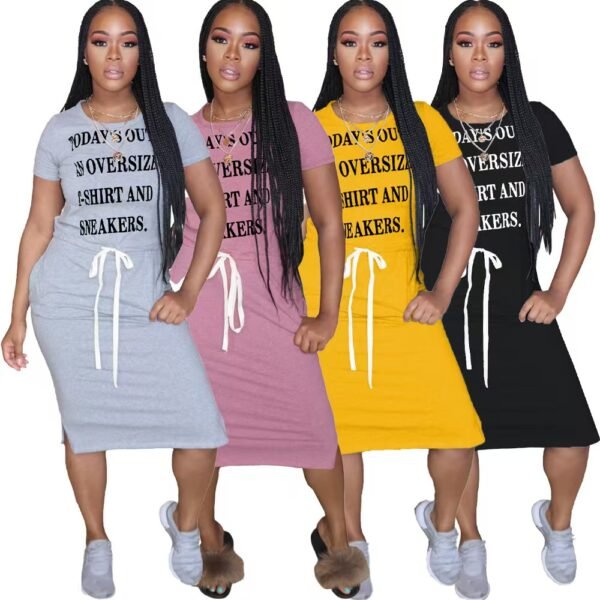 Fashion women's clothing, letter belt drawstring slit dress