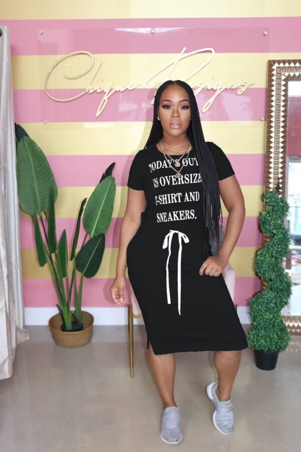 Fashion women's clothing, letter belt drawstring slit dress