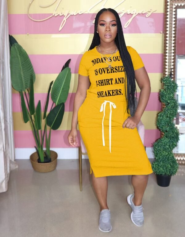 Fashion women's clothing, letter belt drawstring slit dress