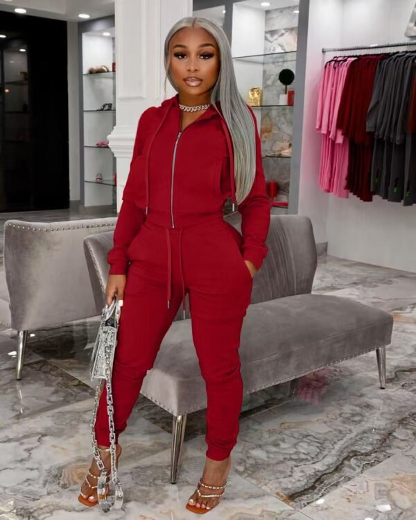 Fashionable women's velvet fabric hooded zipper casual suit