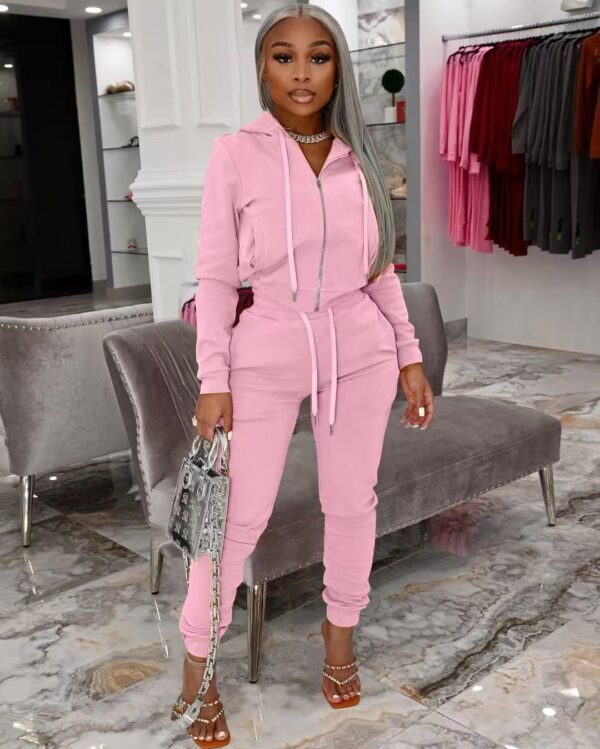 Fashionable women's velvet fabric hooded zipper casual suit