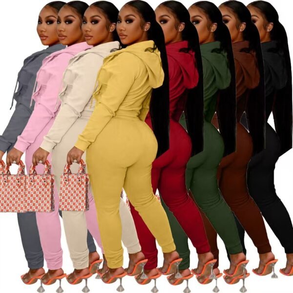 Fashionable women's velvet fabric hooded zipper casual suit