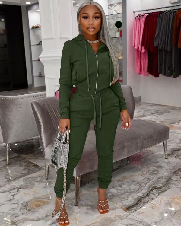 Fashionable women's velvet fabric hooded zipper casual suit