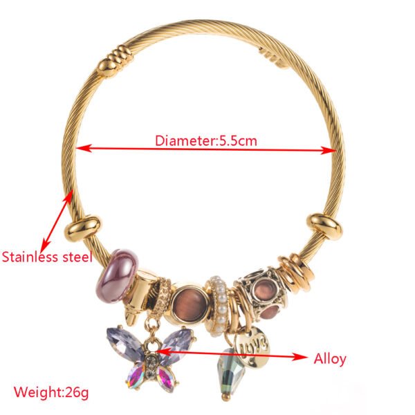 2025 New Stainless Steel Women's Bangle Beaded Bear Heart Pendant Adjustable Bracelet