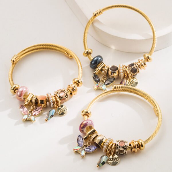 2025 New Stainless Steel Women's Bangle Beaded Bear Heart Pendant Adjustable Bracelet