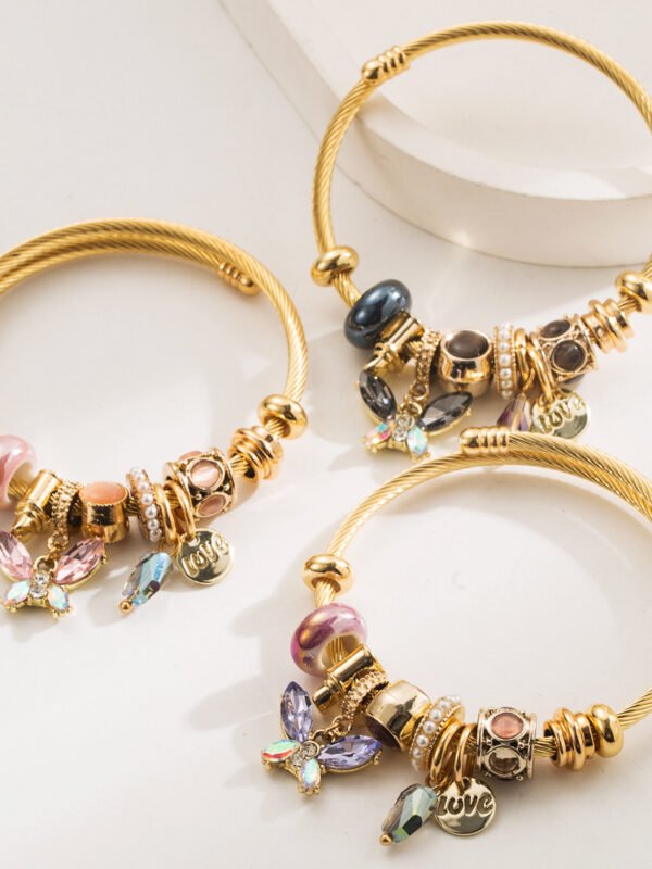 2025 New Stainless Steel Women's Bangle Beaded Bear Heart Pendant Adjustable Bracelet