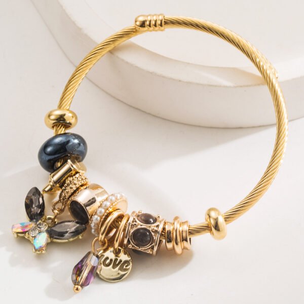 2025 New Stainless Steel Women's Bangle Beaded Bear Heart Pendant Adjustable Bracelet