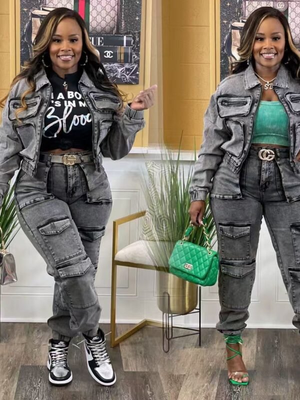 European and American style sexy high-elastic multi-pocket washed denim casual suit