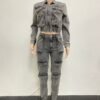 European and American style sexy high-elastic multi-pocket washed denim casual suit